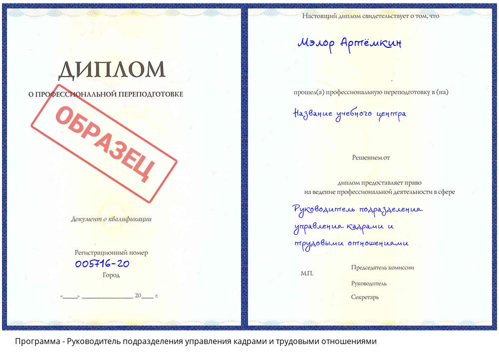 Руководитель подразделения управления кадрами и трудовыми отношениями Октябрьский