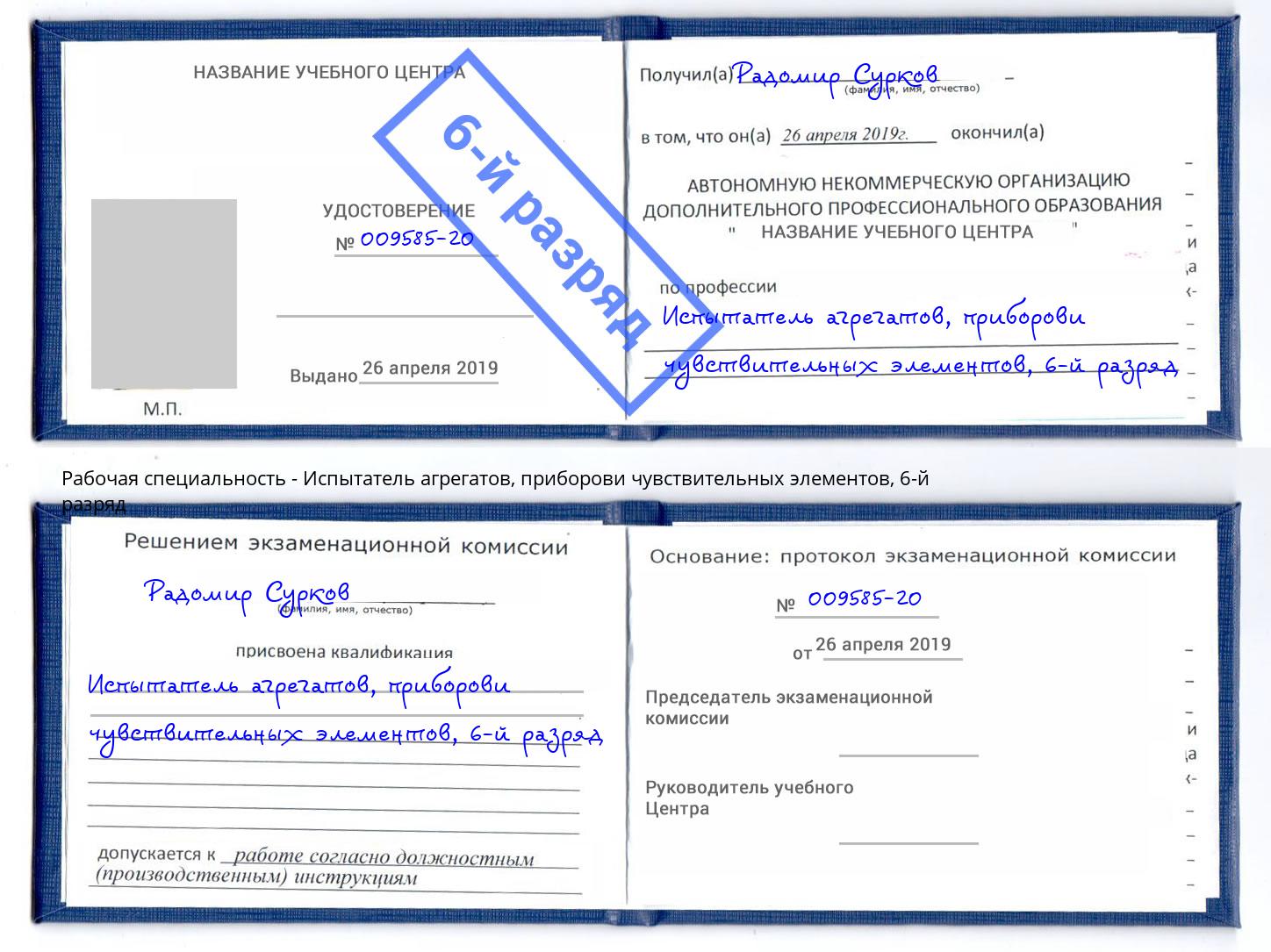 корочка 6-й разряд Испытатель агрегатов, приборови чувствительных элементов Октябрьский