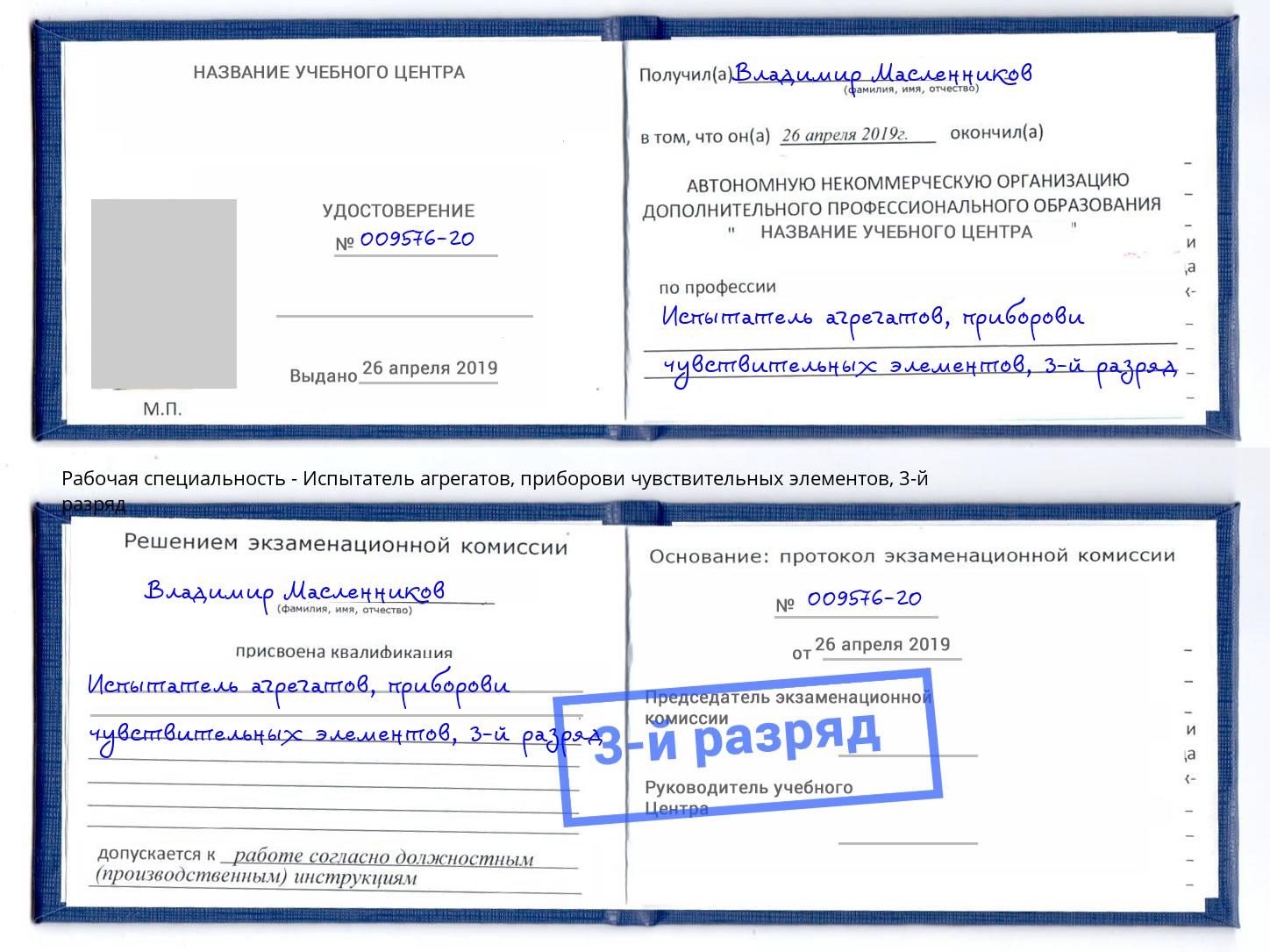 корочка 3-й разряд Испытатель агрегатов, приборови чувствительных элементов Октябрьский