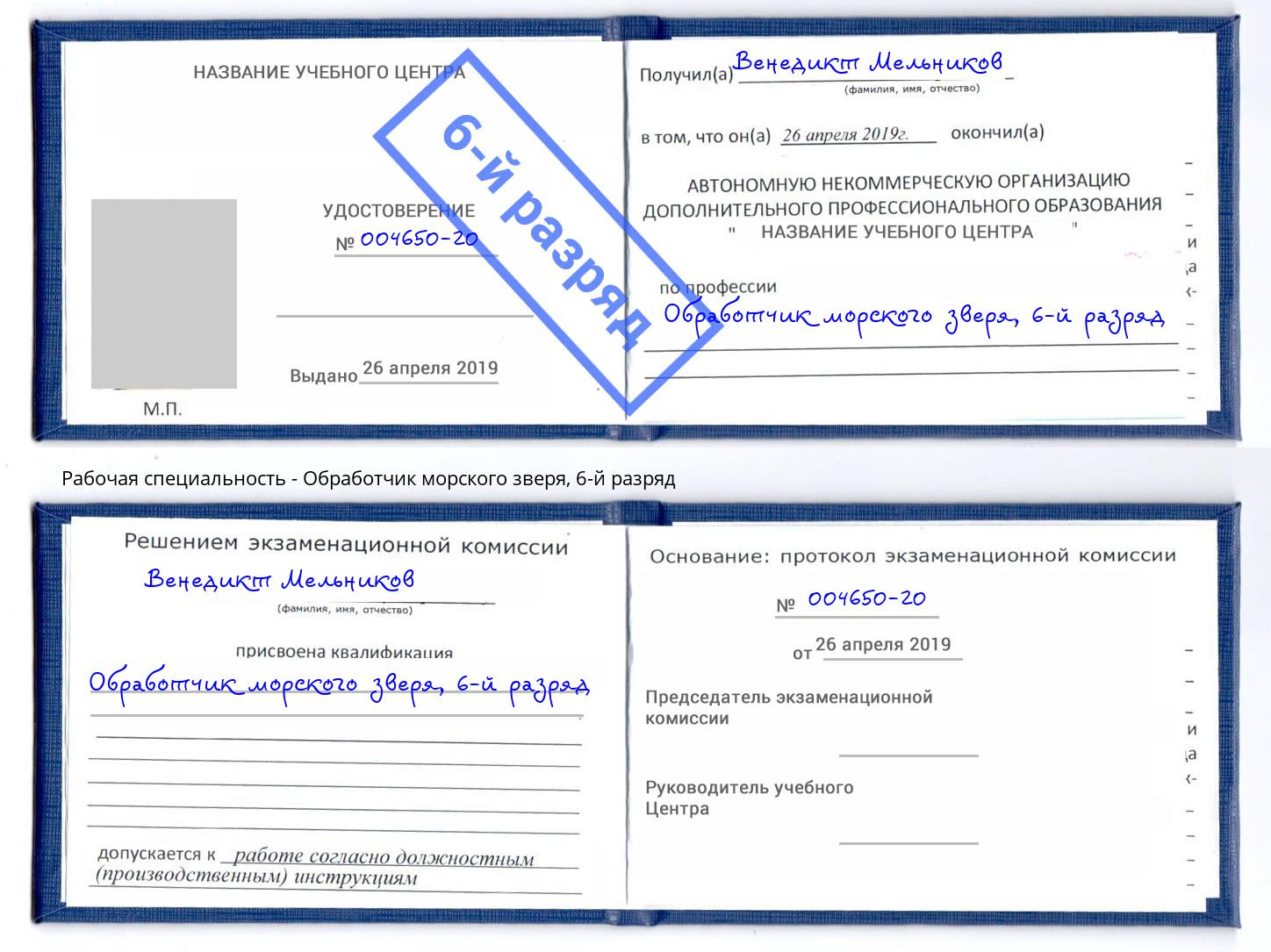 корочка 6-й разряд Обработчик морского зверя Октябрьский