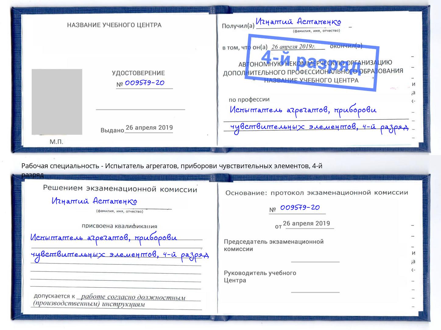 корочка 4-й разряд Испытатель агрегатов, приборови чувствительных элементов Октябрьский