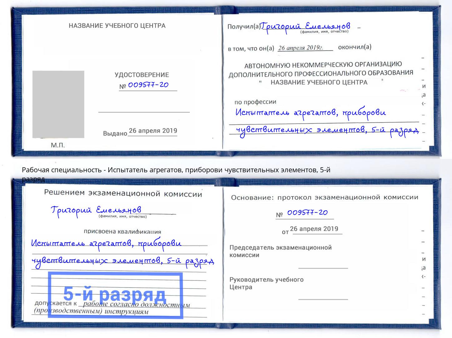 корочка 5-й разряд Испытатель агрегатов, приборови чувствительных элементов Октябрьский