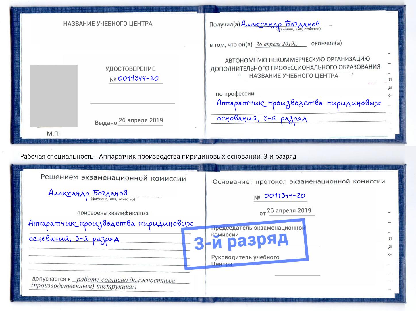 корочка 3-й разряд Аппаратчик производства пиридиновых оснований Октябрьский