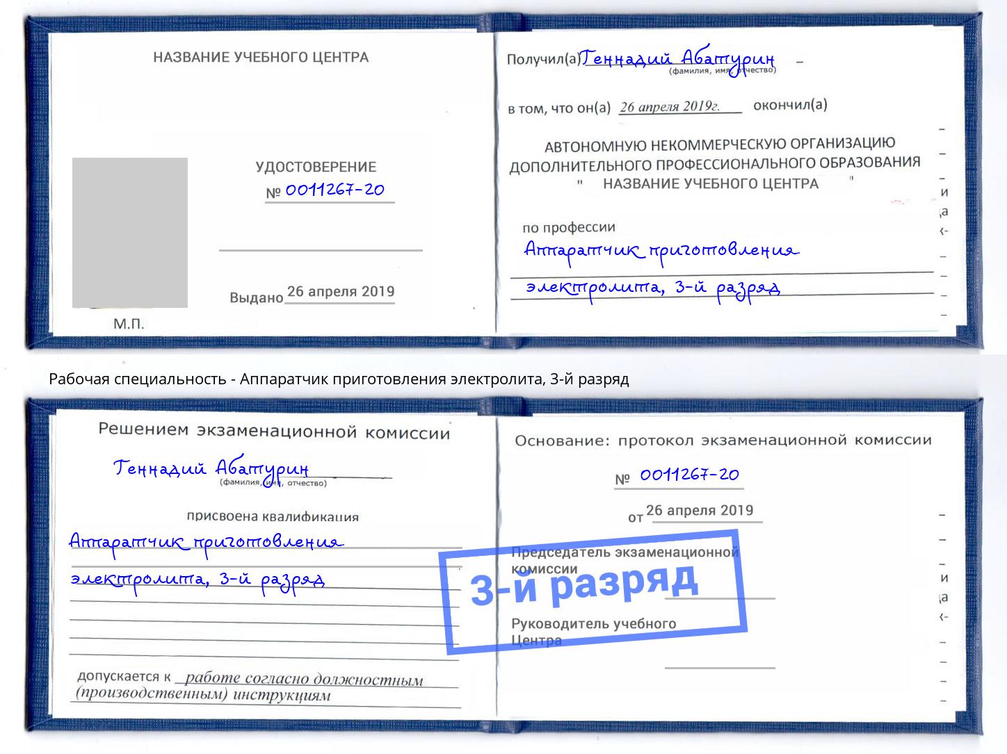 корочка 3-й разряд Аппаратчик приготовления электролита Октябрьский