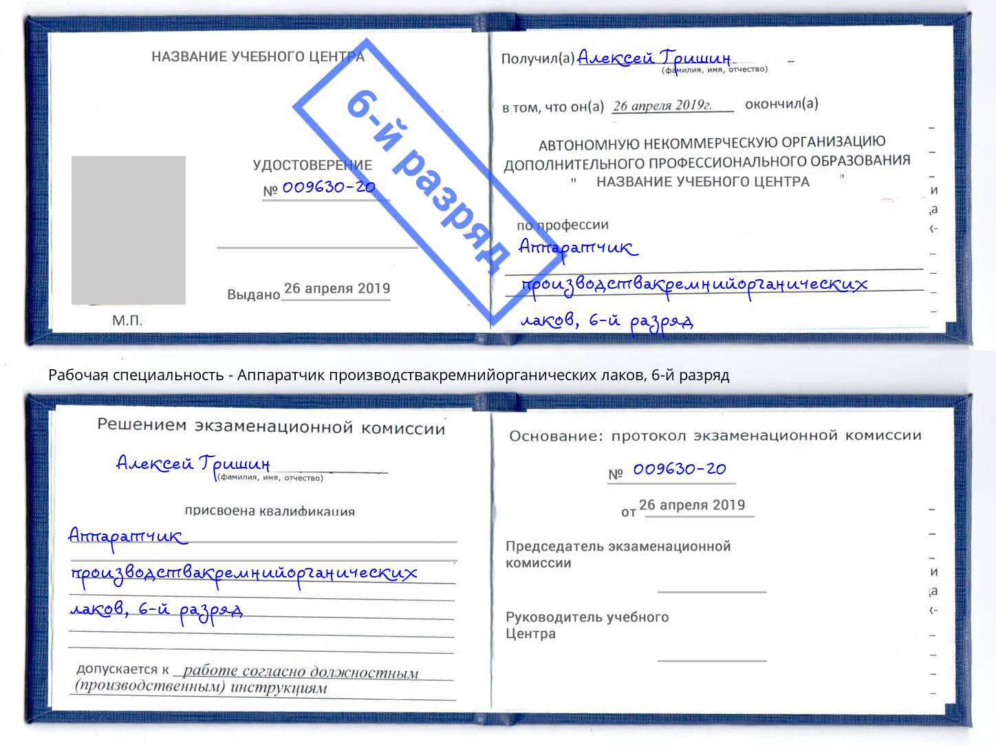 корочка 6-й разряд Аппаратчик производствакремнийорганических лаков Октябрьский