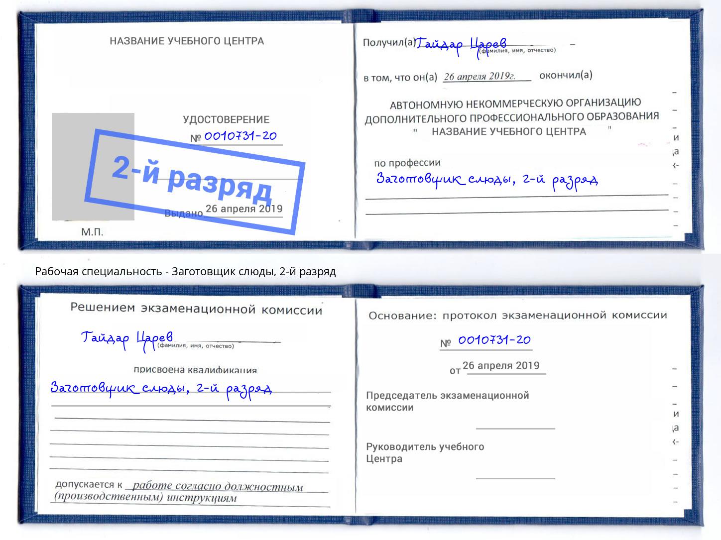 корочка 2-й разряд Заготовщик слюды Октябрьский