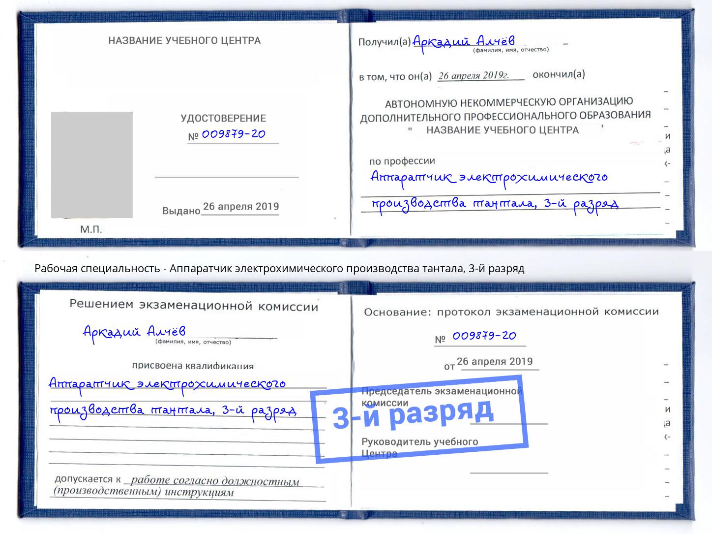 корочка 3-й разряд Аппаратчик электрохимического производства тантала Октябрьский
