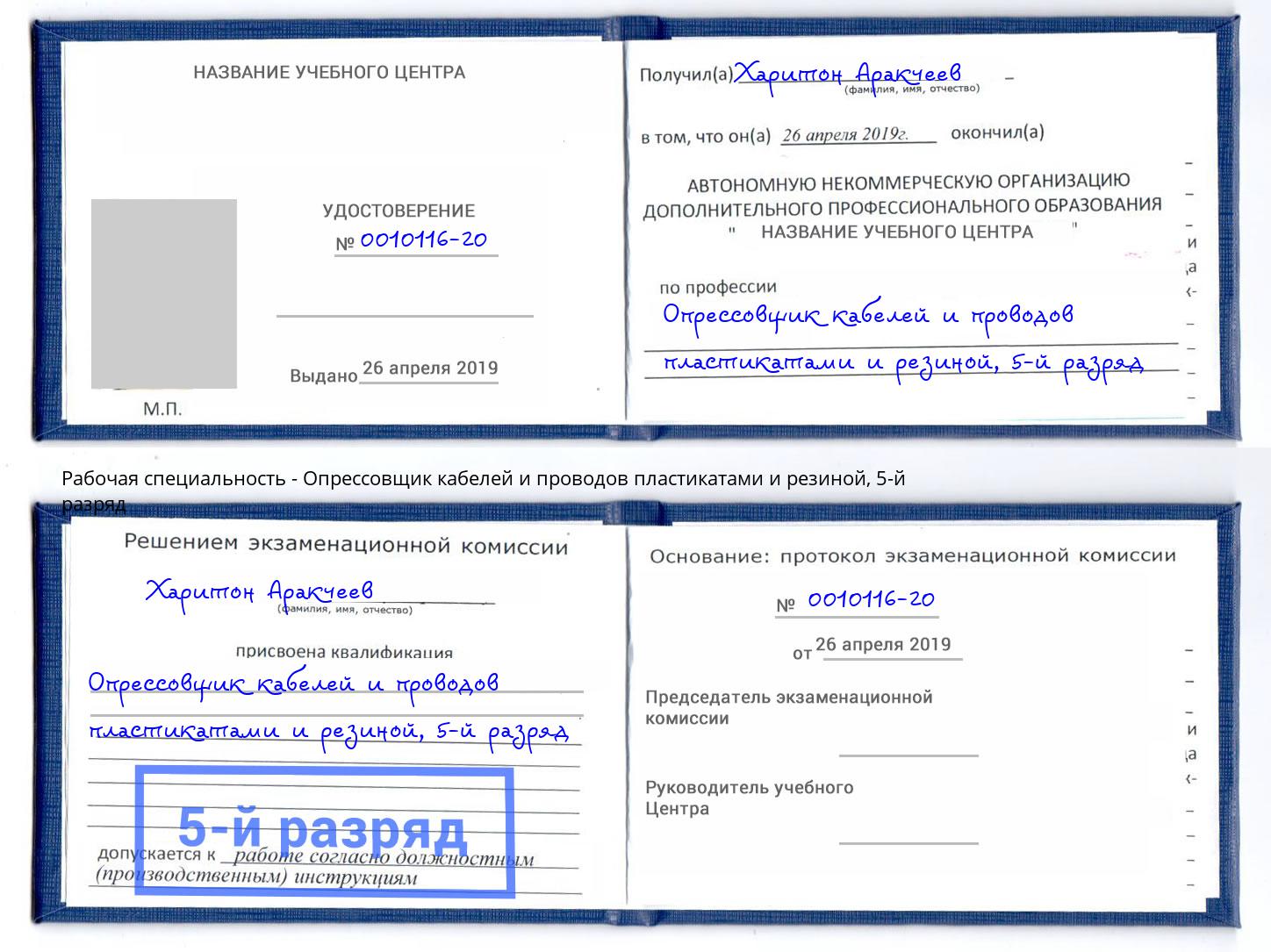 корочка 5-й разряд Опрессовщик кабелей и проводов пластикатами и резиной Октябрьский