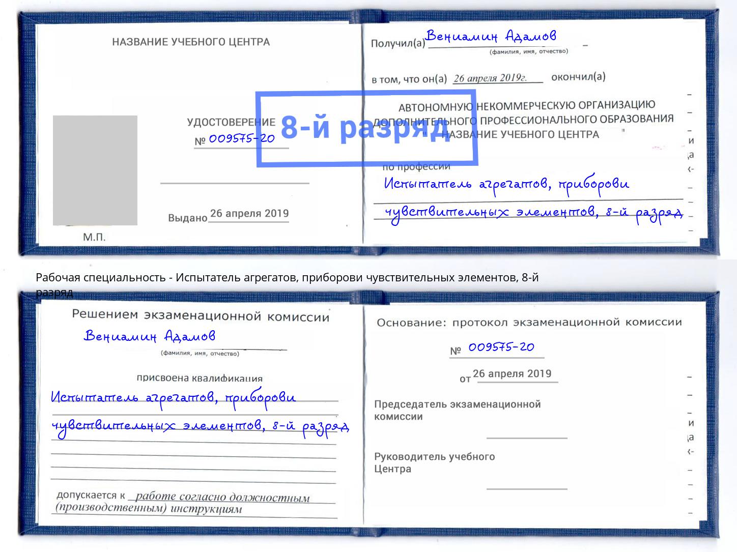 корочка 8-й разряд Испытатель агрегатов, приборови чувствительных элементов Октябрьский