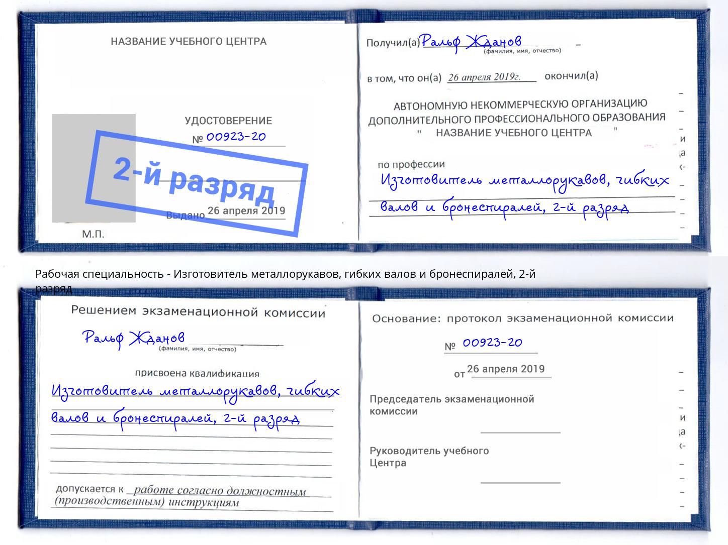 корочка 2-й разряд Изготовитель металлорукавов, гибких валов и бронеспиралей Октябрьский